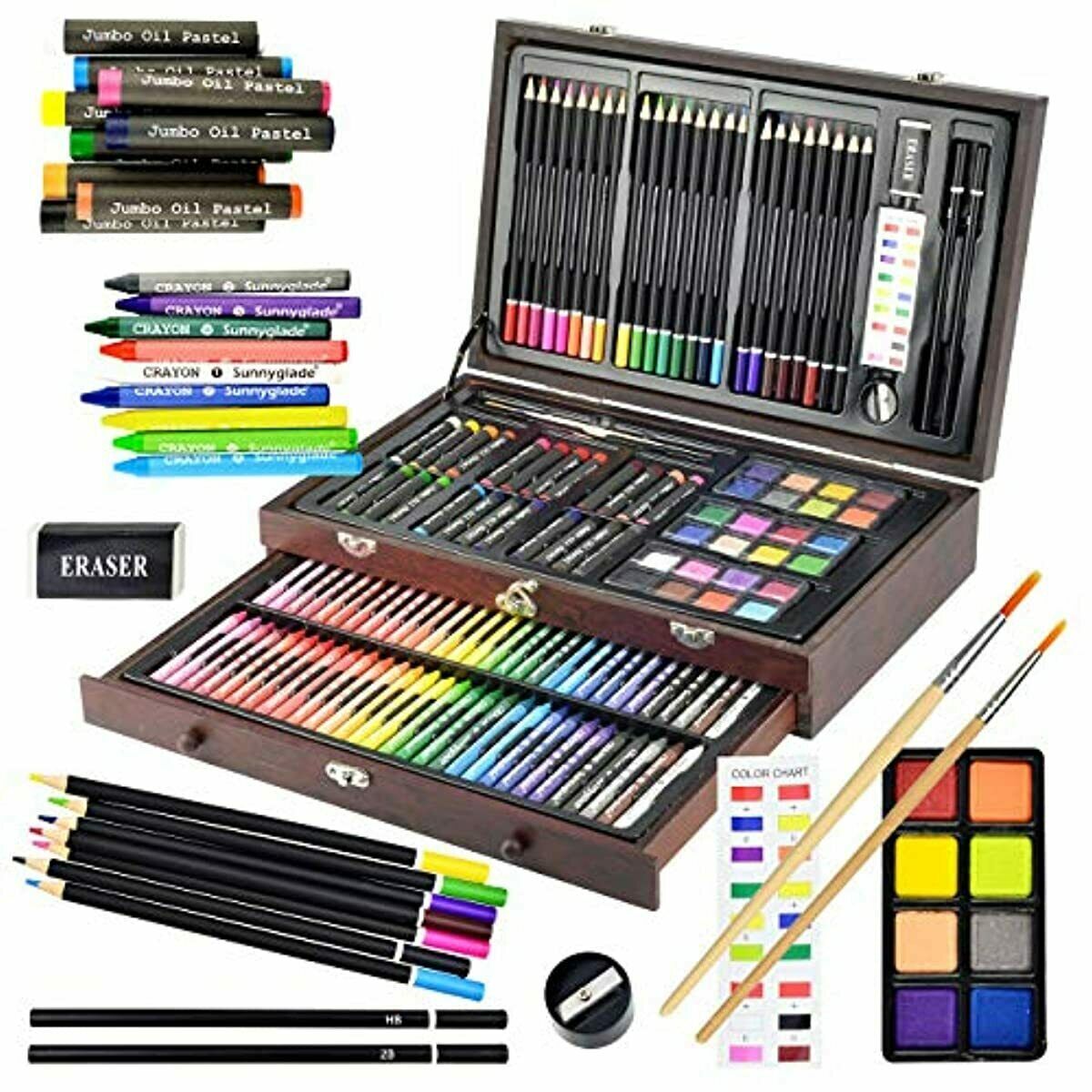 Sunnyglade 145 Piece Deluxe Art Set, Wooden Art Box & Drawing Kit with Crayons,