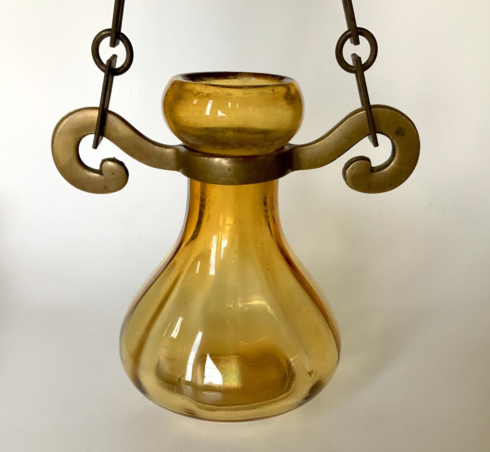 Antique Art Glass Hyacinth Bulb Vase With Brass Hanger