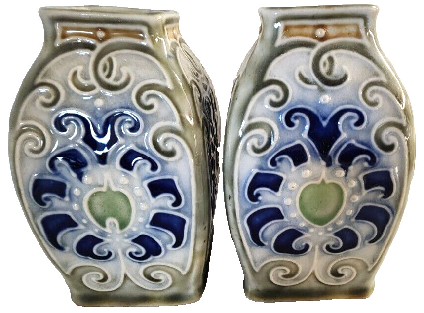 Royal Doulton Lambeth England Earthenware Stoneware Slip-Cast Pair Vases # 7674