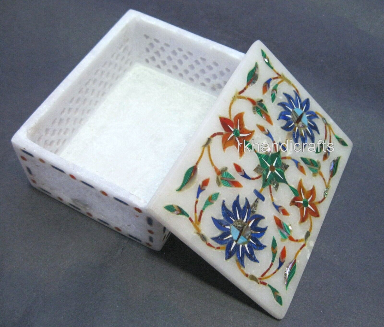 4 x 3 Inches Floral Art Inlay Work Color Box Rectangle Shape Marble Jewelry Box