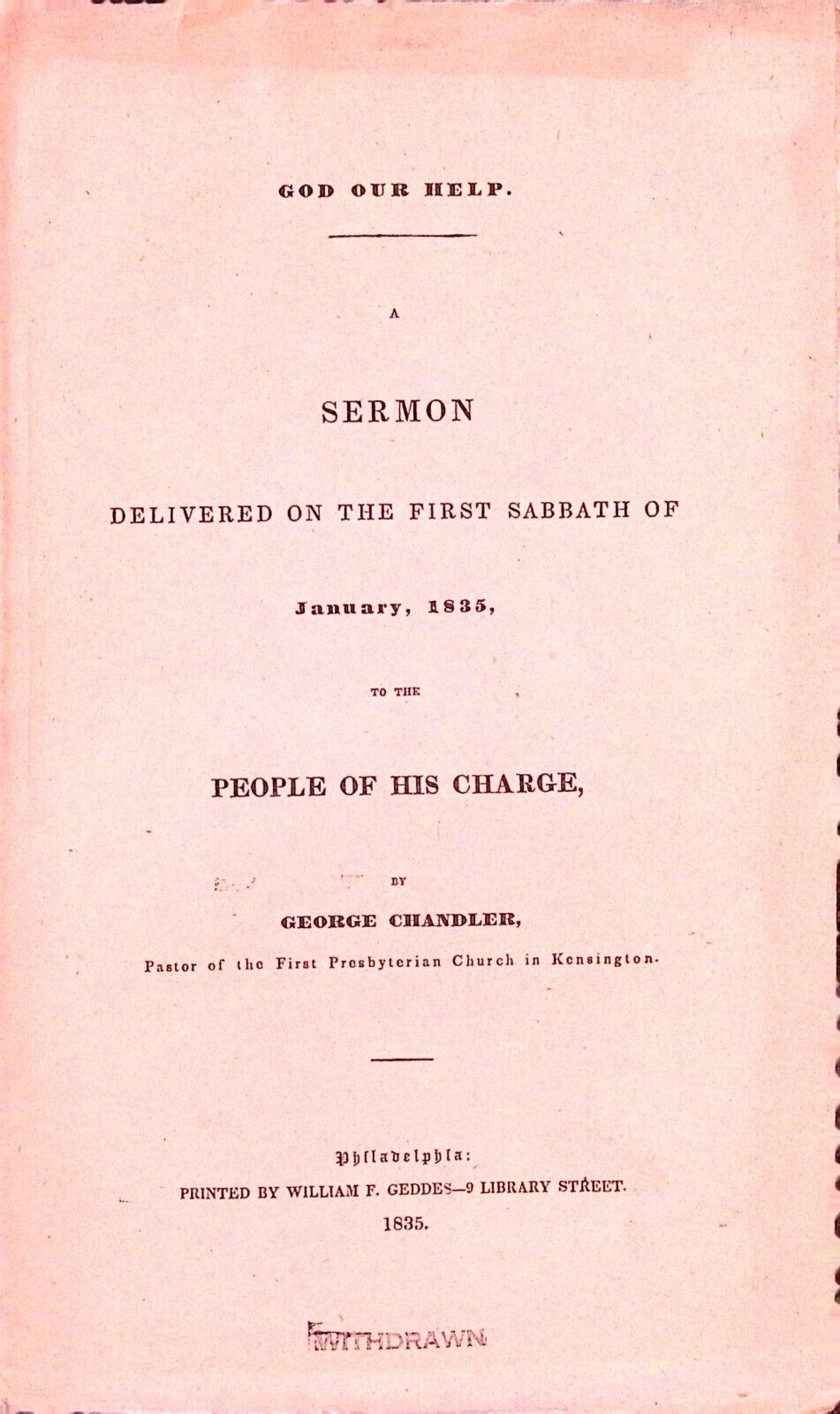 Sermon 1835 First Presbyterian Church Kensington Philadelphia Booklet Chandler