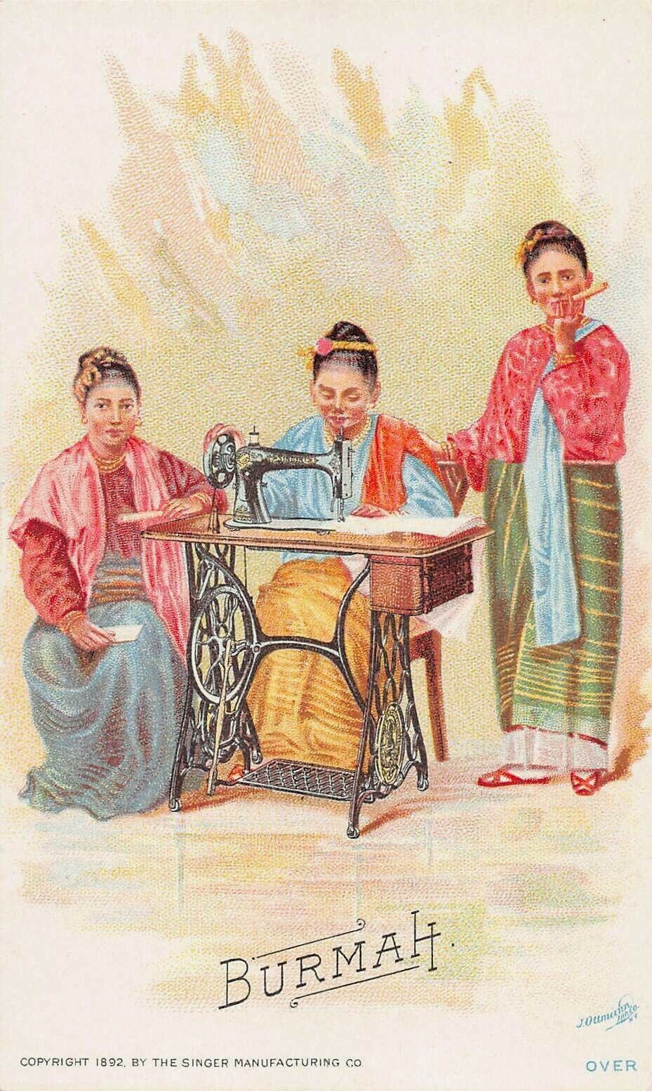 Burma, Singer Sewing Machine Co., 1892 Trade Card Showing 3 Burmese Women Sewing