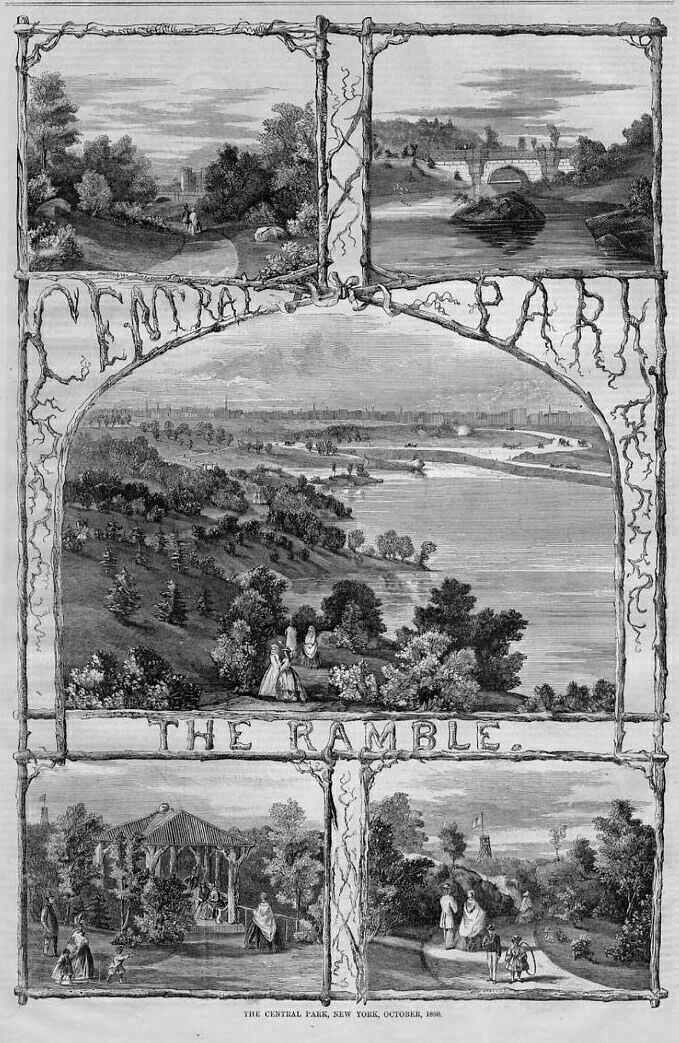CENTRAL PARK VIEW NEW YORK IN 1860 THE RAMBLE 1860 HISTORY ANTIQUE ENGRAVING