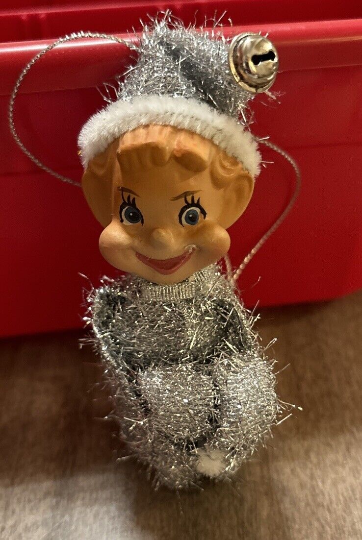 Vintage Mischievous Silver Knee Hugger Rubber Face Christmas Pixie Elf