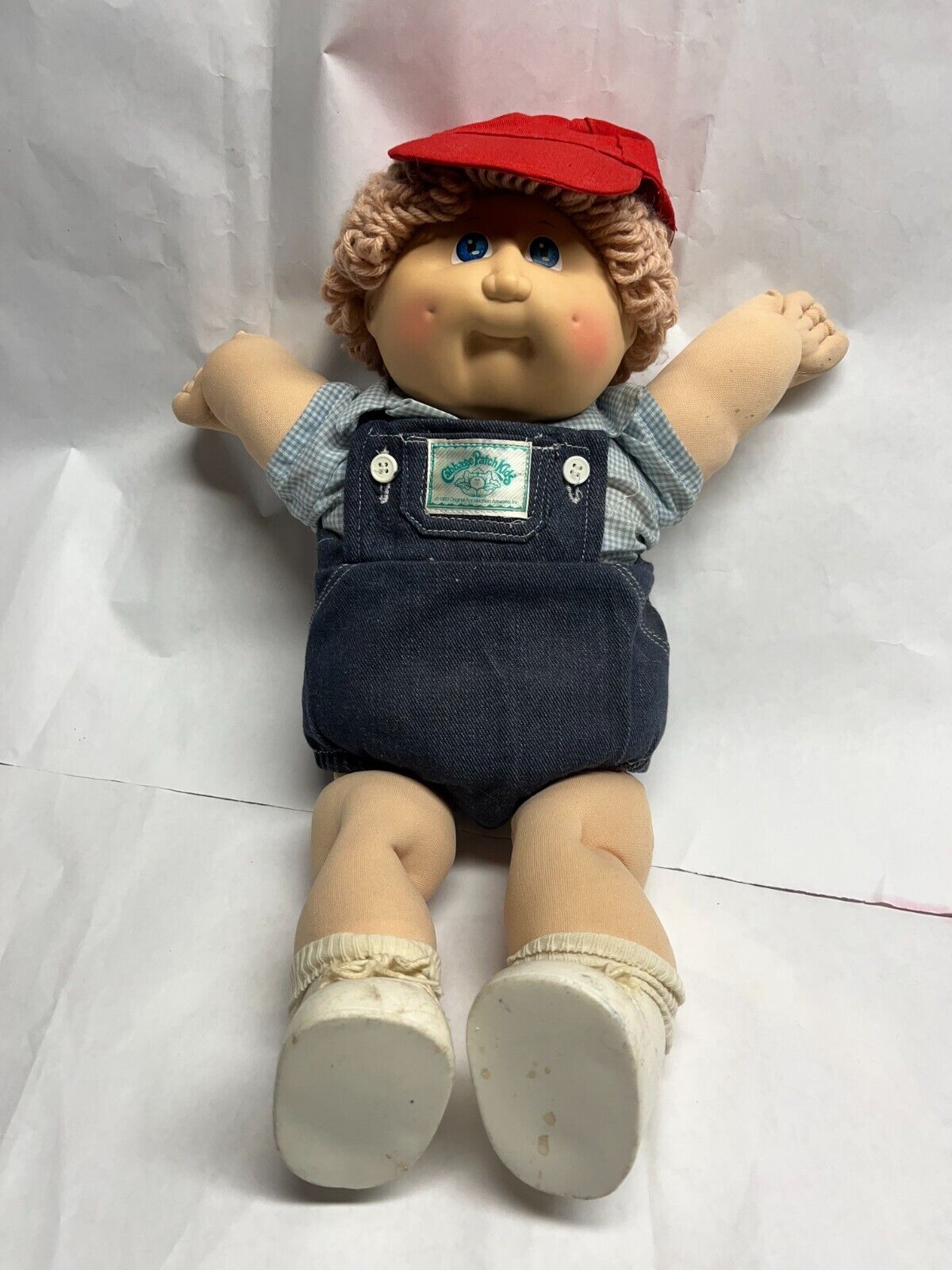 Vintage 1982 Cabbage Patch Kids Boy Doll Overalls Red Hat