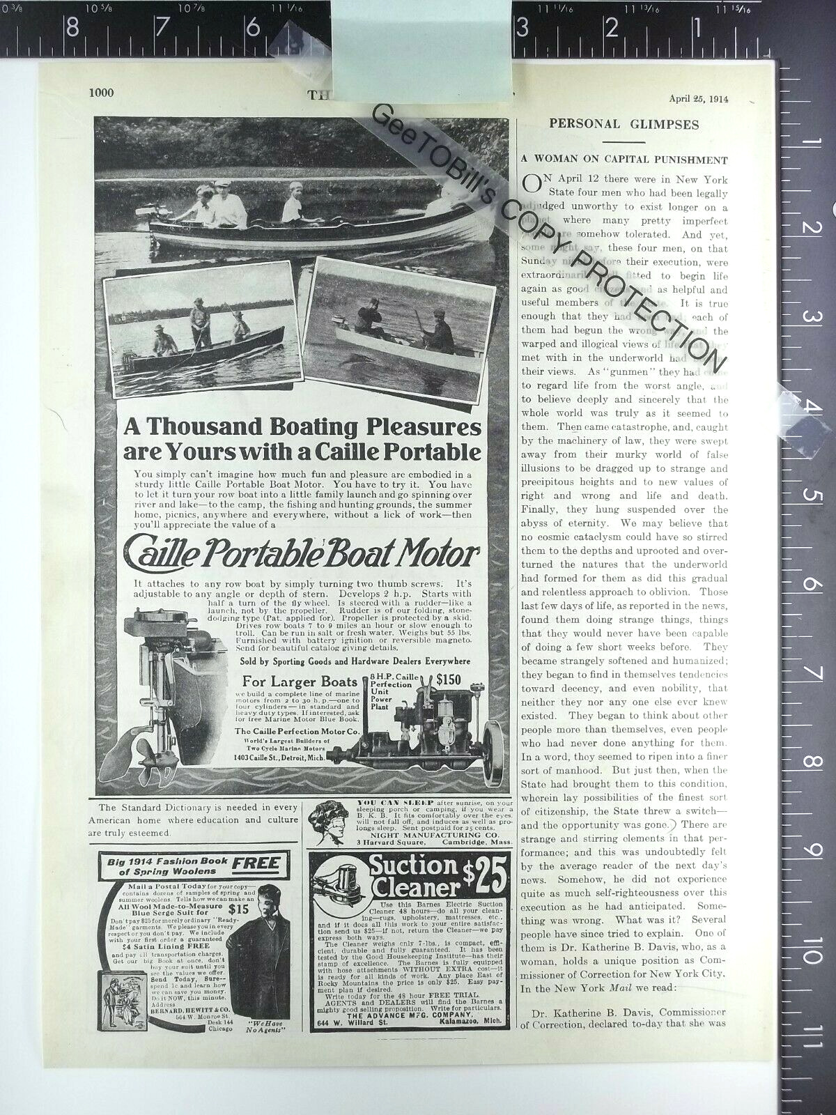 1914 ADVERTISING AD for Caille Perfection Boat Motor Co rowboat outboard inboard