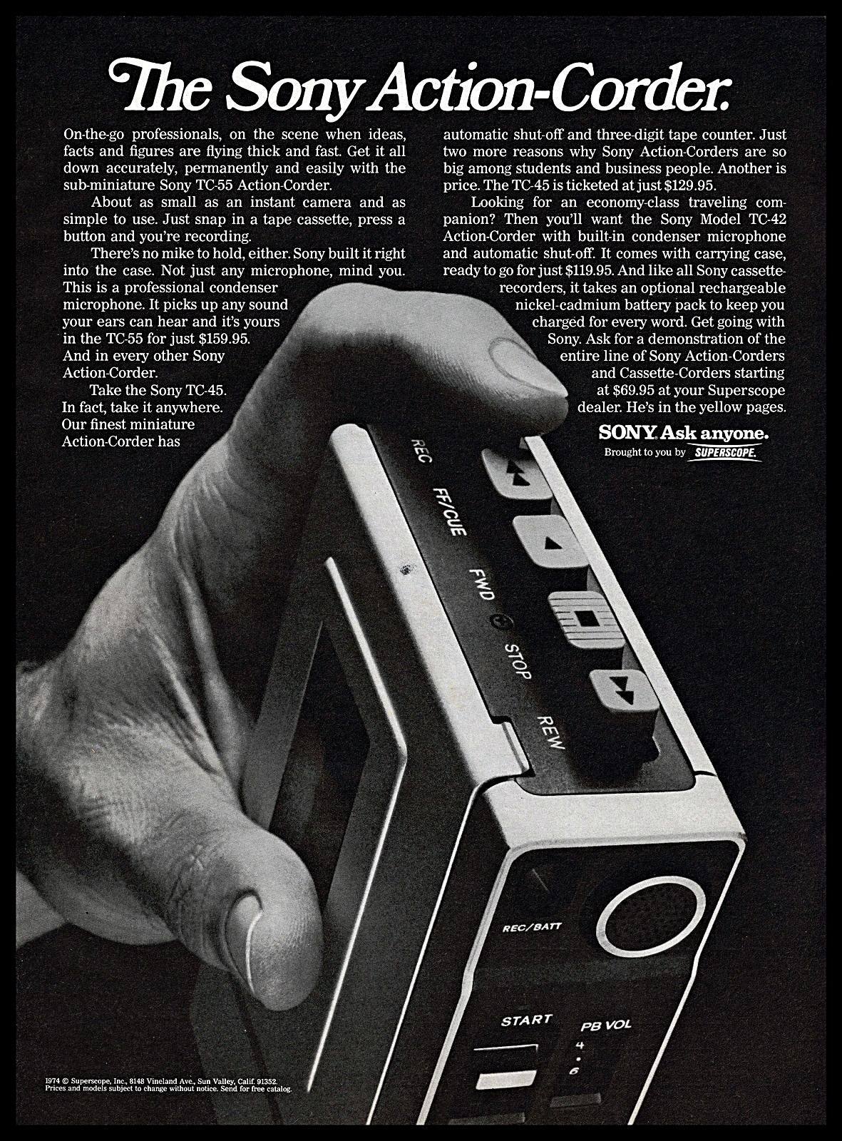1974 Sony Vintage PRINT AD TC-55 Action-Corder Tape Recorder On-the-go B&W 