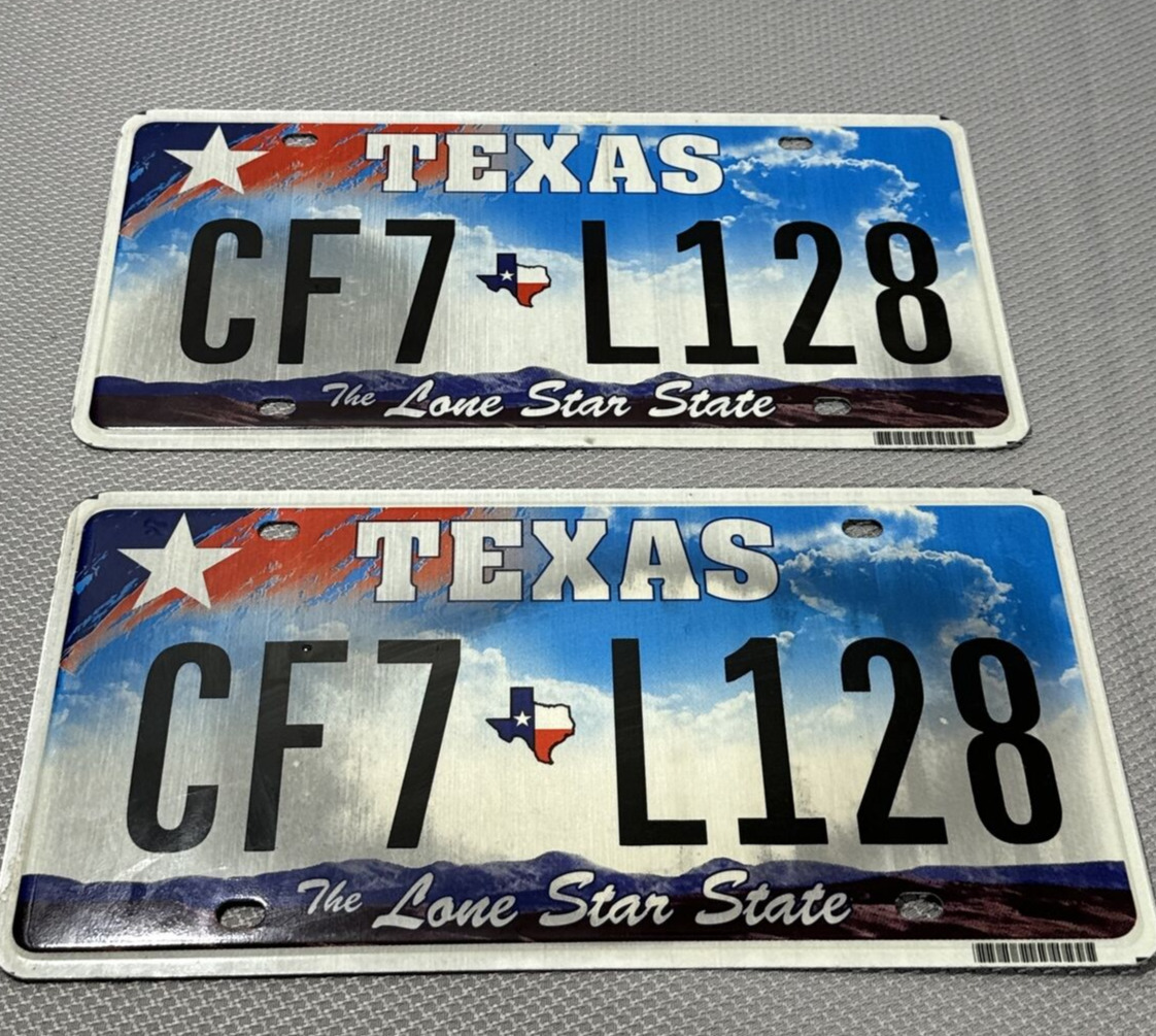 2 Texas License Plates Matching Pair Colorful Clouds 2009 Bright CF7 L128 Lot TX