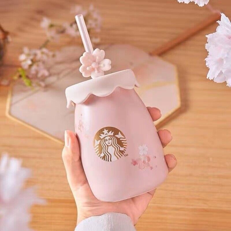 NEW 2023 Starbucks Pink Cherry Blossom Ceramic Straw Mug 11 oz / 330 ml Milk Cup