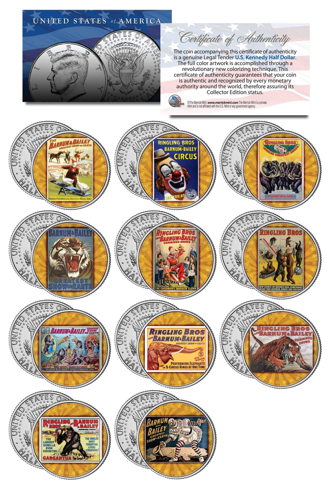 RINGLING BROS & BARNUM BAILEY CIRCUS Vintage Posters JFK Half Dollar 11-Coin Set