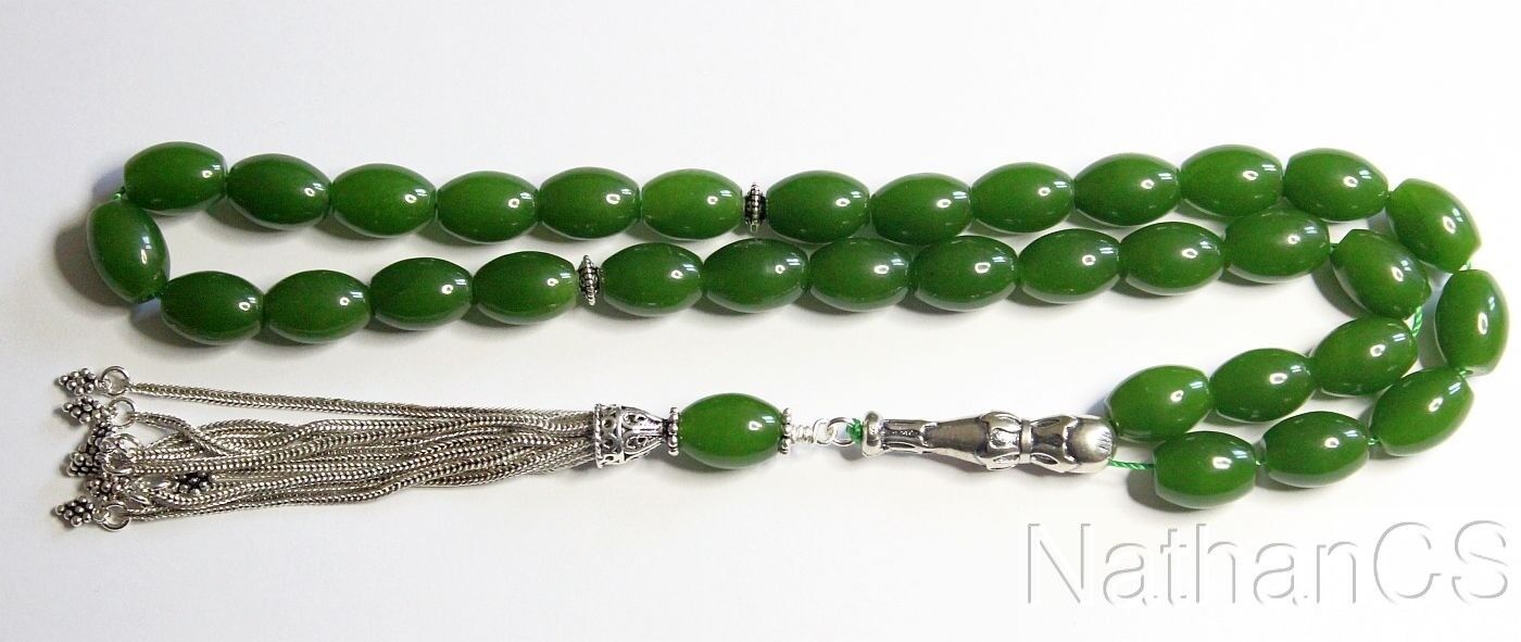 Luxury Prayer Worry Beads Tesbih Komboloi Oval Genuine Emeralds & Stering Silver
