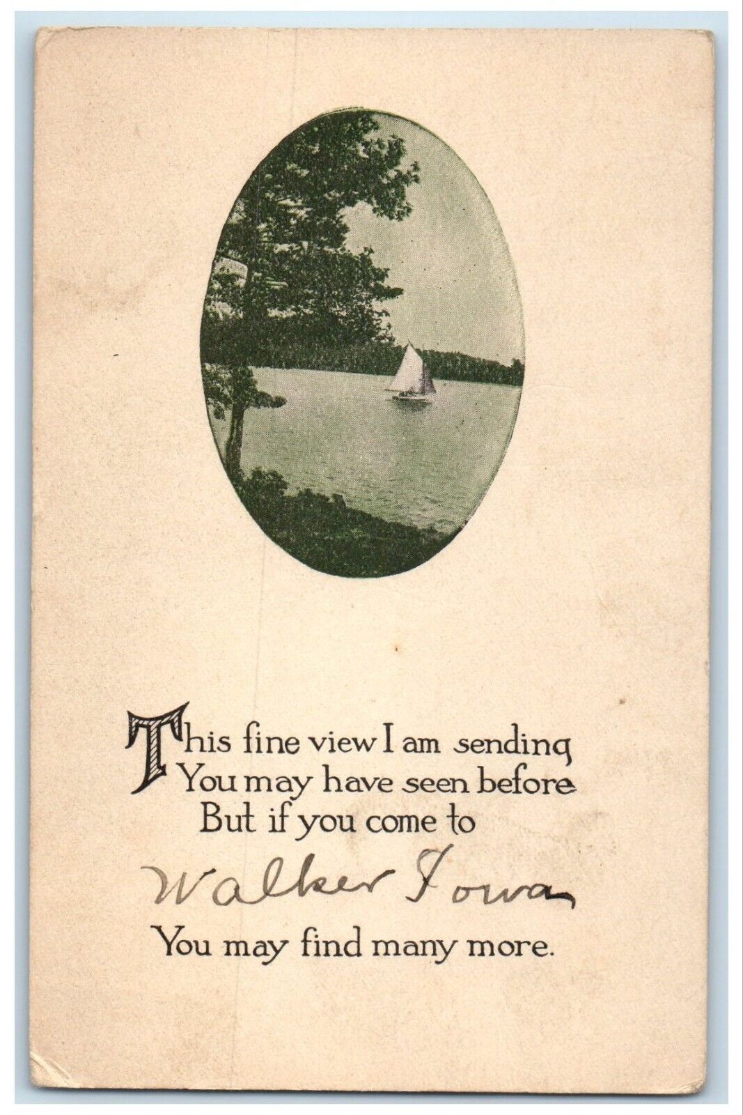 c1910 Fine View Sailboat River Lake Burr Oak Kansas Walker Iowa Vintage Postcard