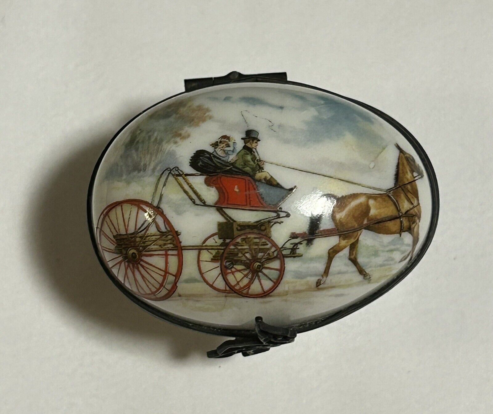 Antique Signed Coach/Equestrian Scene Hinged Hand-Painted Trinket Box~Read Desc.