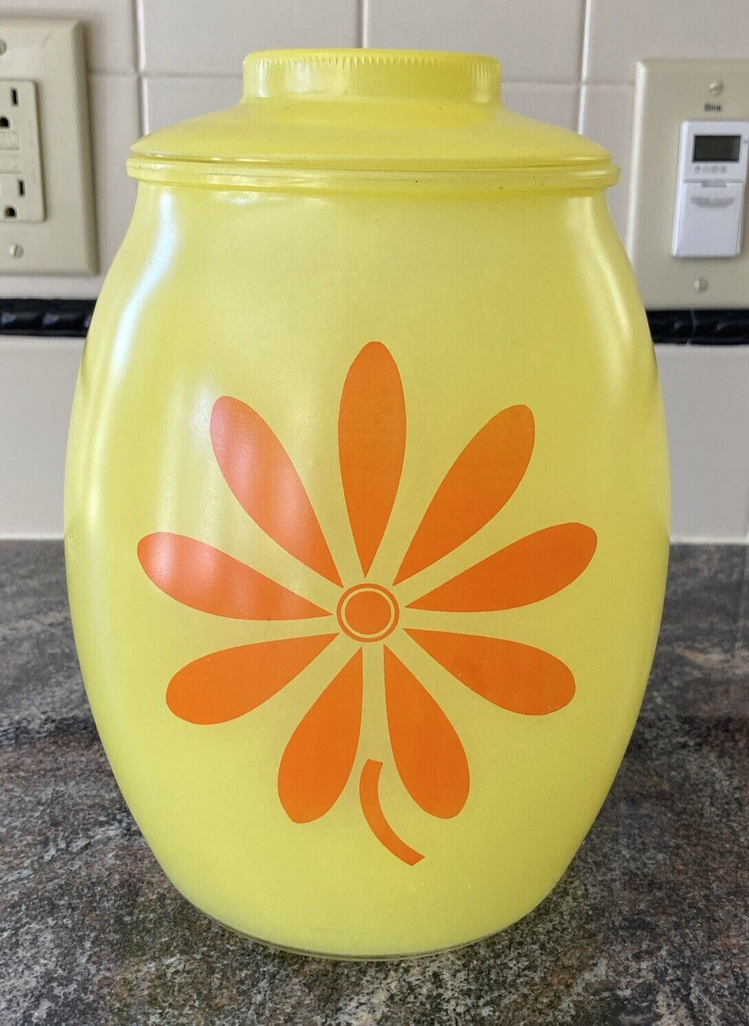Vintage Bartlett Collins Yellow Cookie Jar With Orange Daisy Glass Retro Kitchen