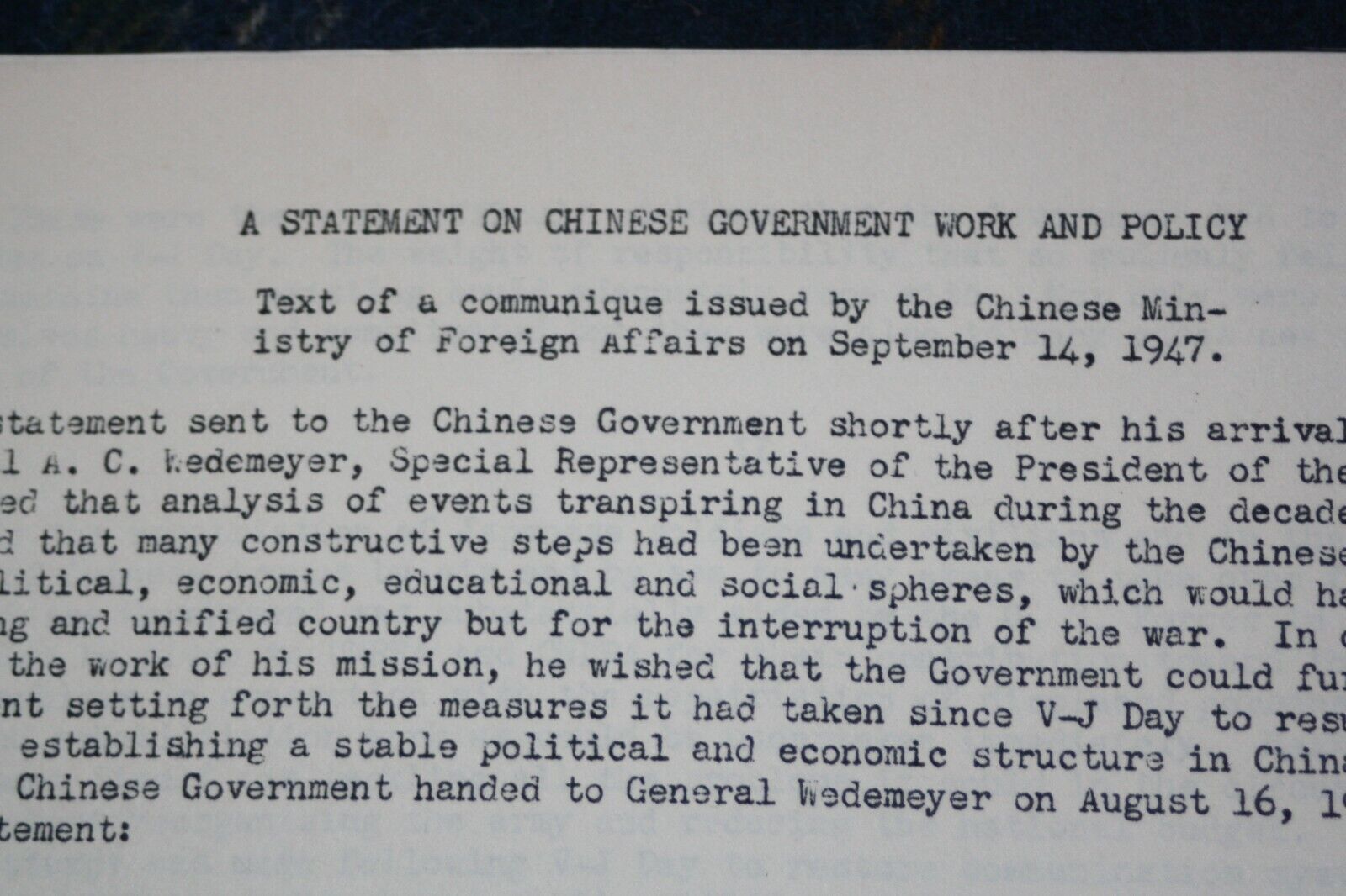 Dept. of State 1947 Intel Report-Statement of Chinese Govt Work,Policy Post WWII