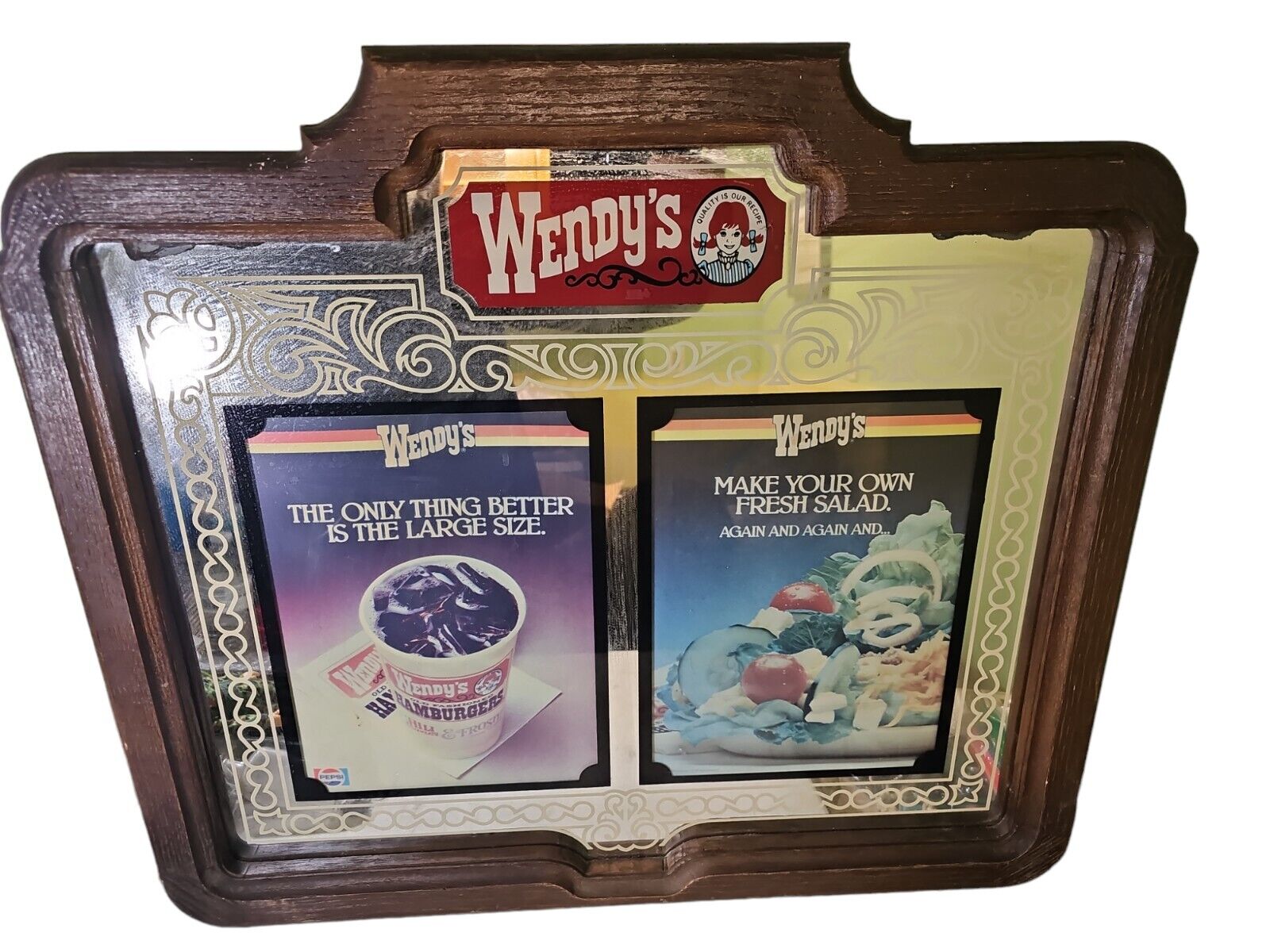 Vintage Wendys Restaurant Mirrored Advertising Large Slot Sign - 27 X 24 - Rare 