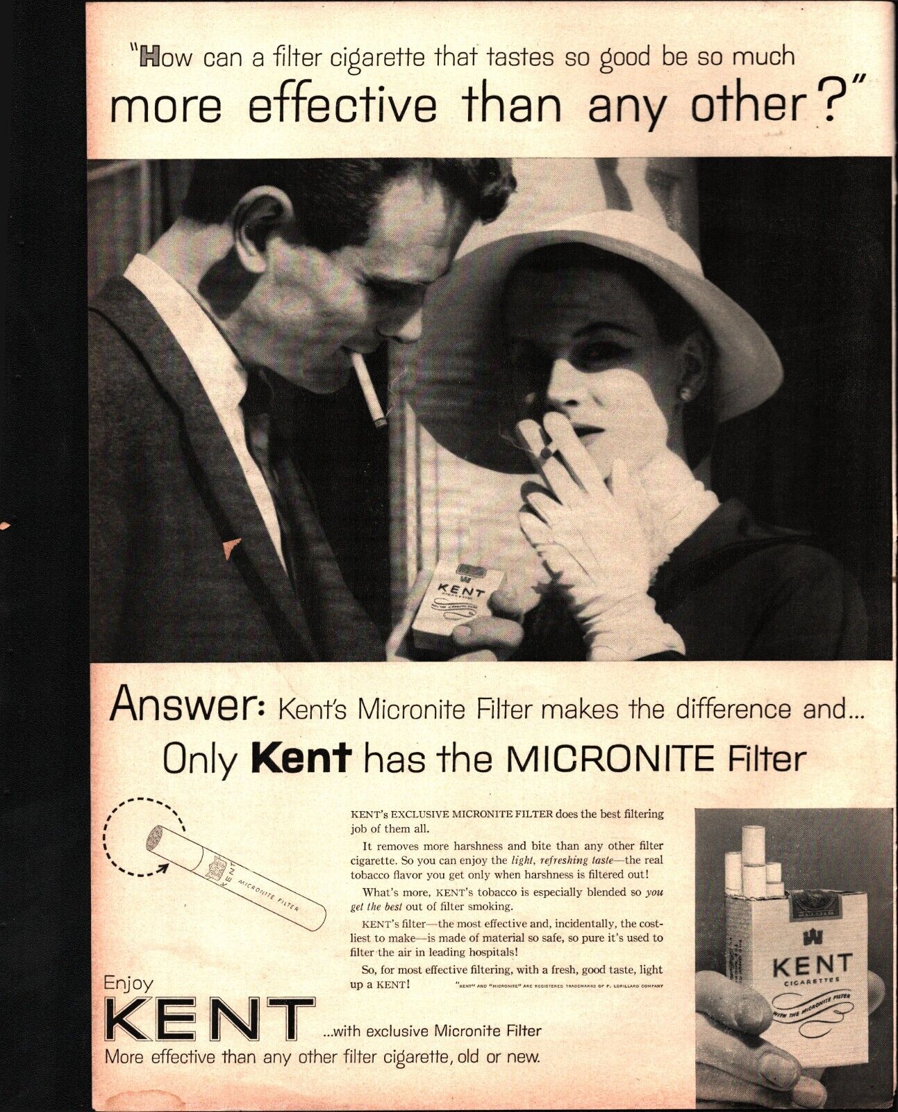 1954 PRINT AD~KENT CIGARETTES WOMAN WEARING HAT SMOKING a8