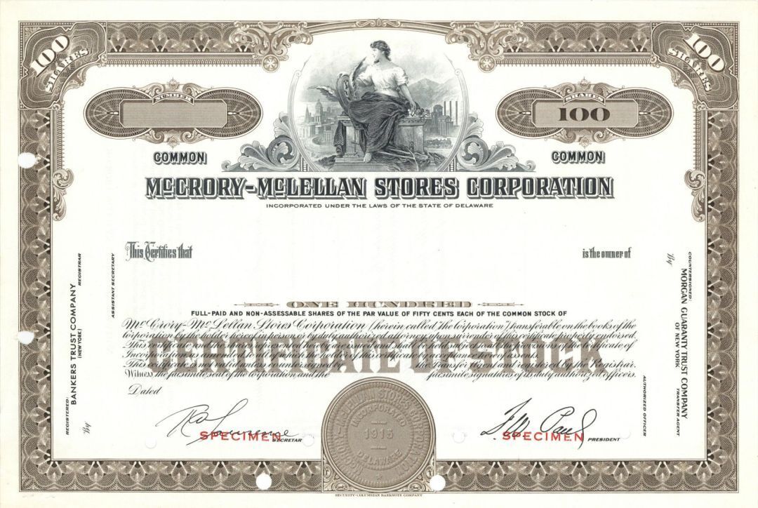 McCrory-McLellan Stores Corp. - 1915 dated Specimen Stock Certificate - Specimen