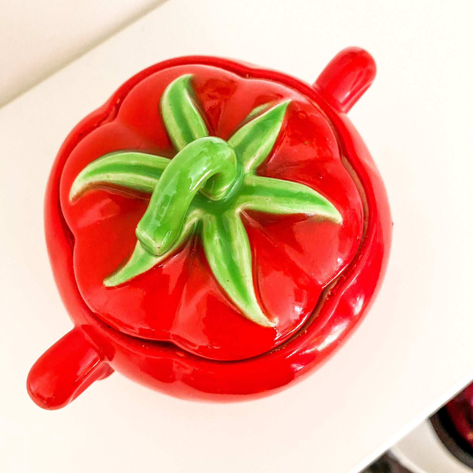 MINTY Vtg Pantry Parade USA Tomato Shaped Sugar Jar Dish r Bright Red + Handles