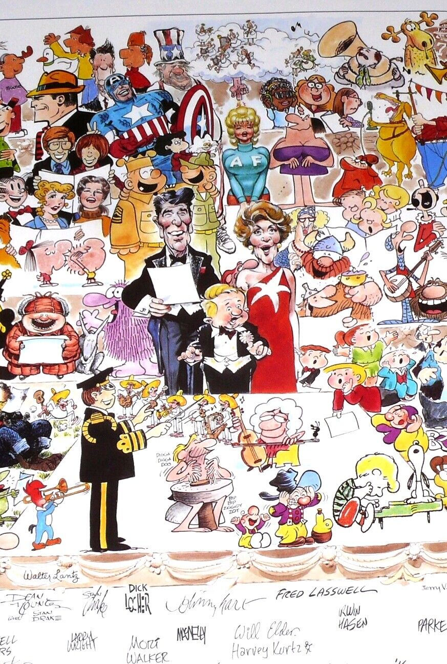 POSTER W/WOODY WOODPECKER W/SNUFFY SMITH, SNOOPY, SIGNATURES OF CARTOONISTS