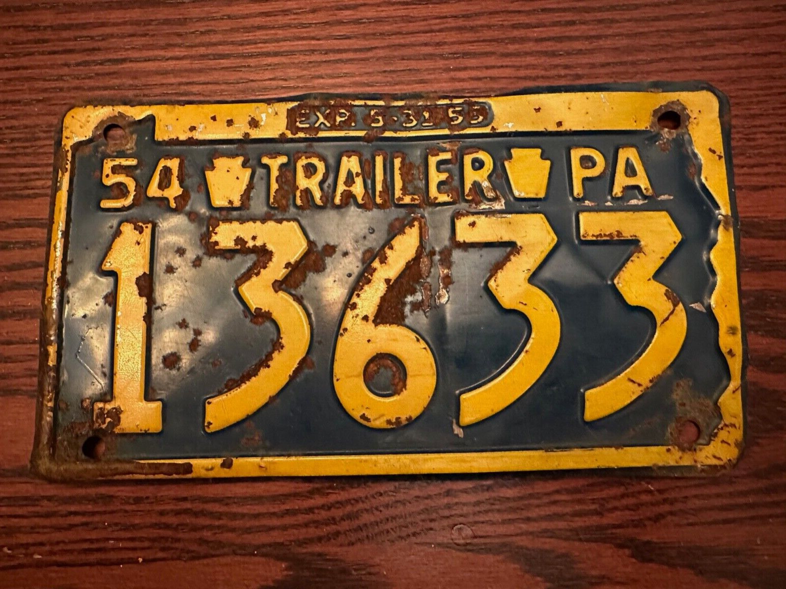 1954 Pennsylvania Trailer License Plate 13633 Yellow PA USA Authentic Metal Rust