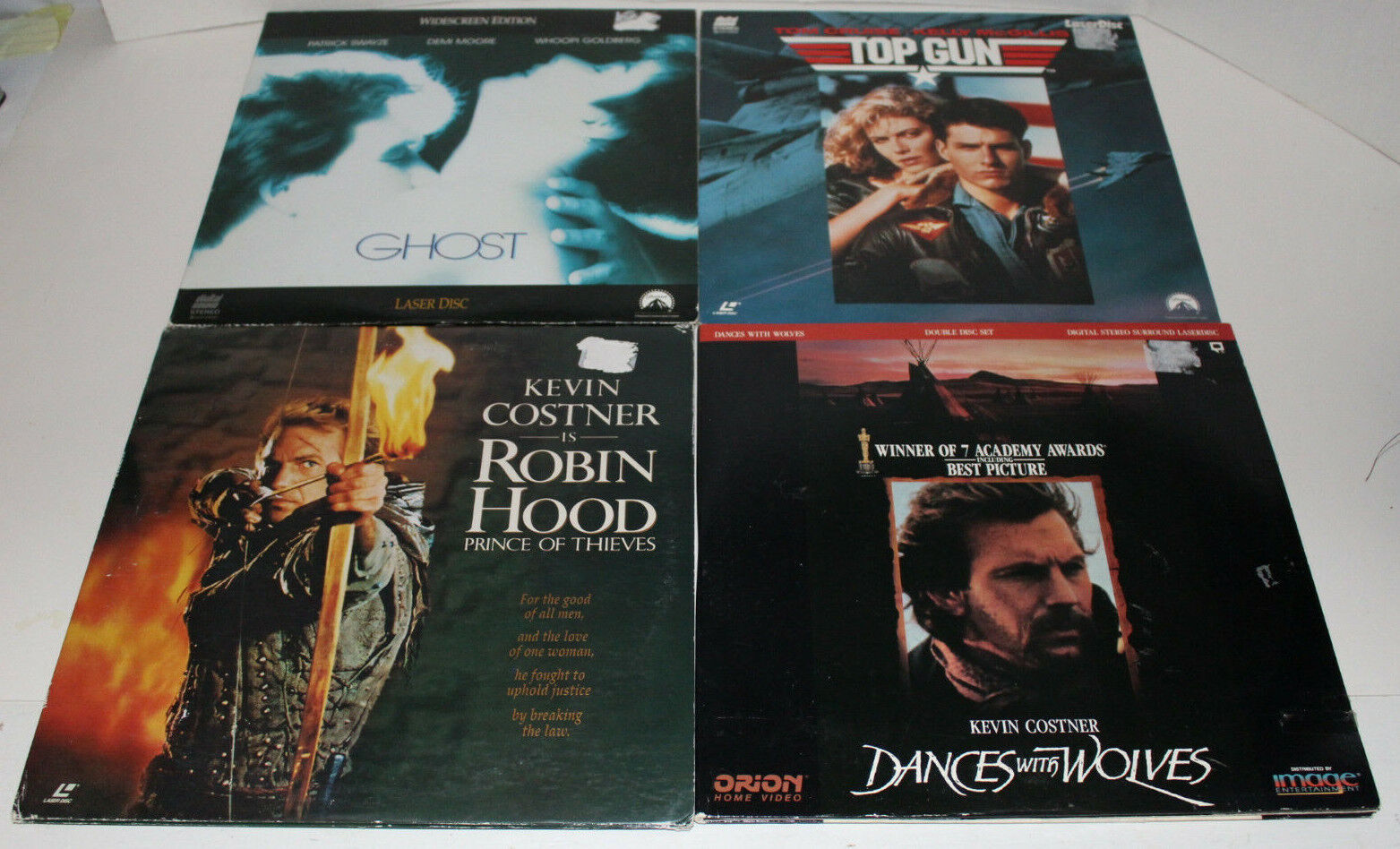 4 Laser Disc Movie Lot Top Gun Ghost Robin Hood Dances with Wolves