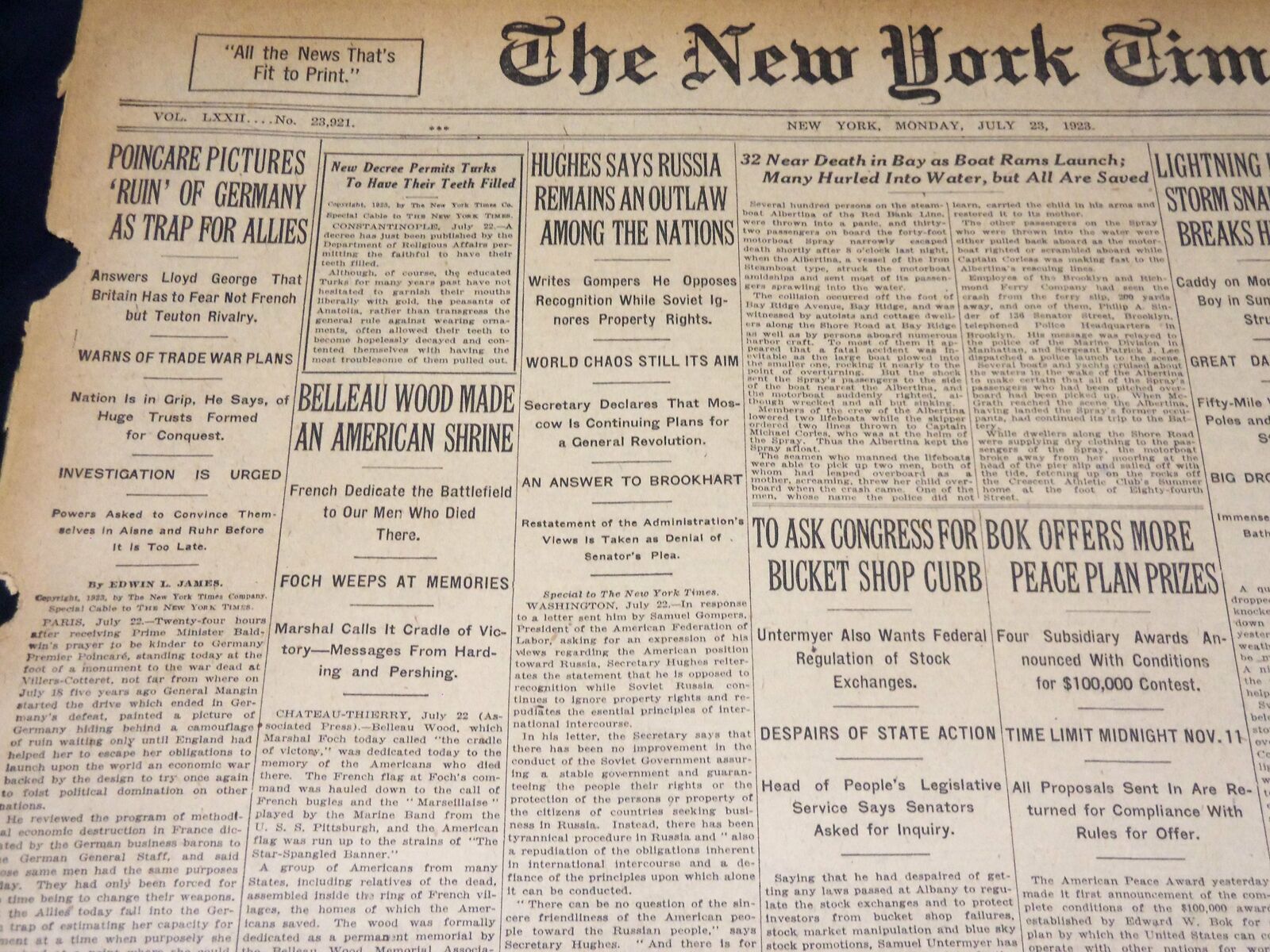 1923 JULY 23 NEW YORK TIMES - BELLEAU WOOD MADE AN AMERICAN SHRINE - NT 7756