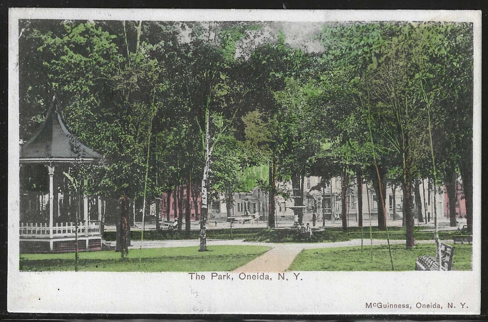 View of The Park, Oneida, New York,  Early Hand Colored Postcard, Used in 1908