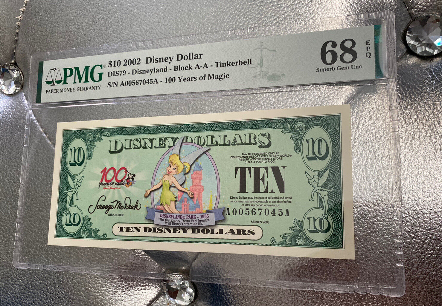 2002 $10 Disney Dollar Tinkerbell PMG 68 EPQ (DIS79) Block AA   Top PoP