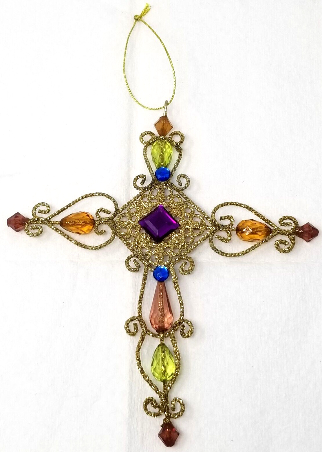 Mid Century Modern Cross Christmas Ornament Glitter Metal Gems Ornate Vintage