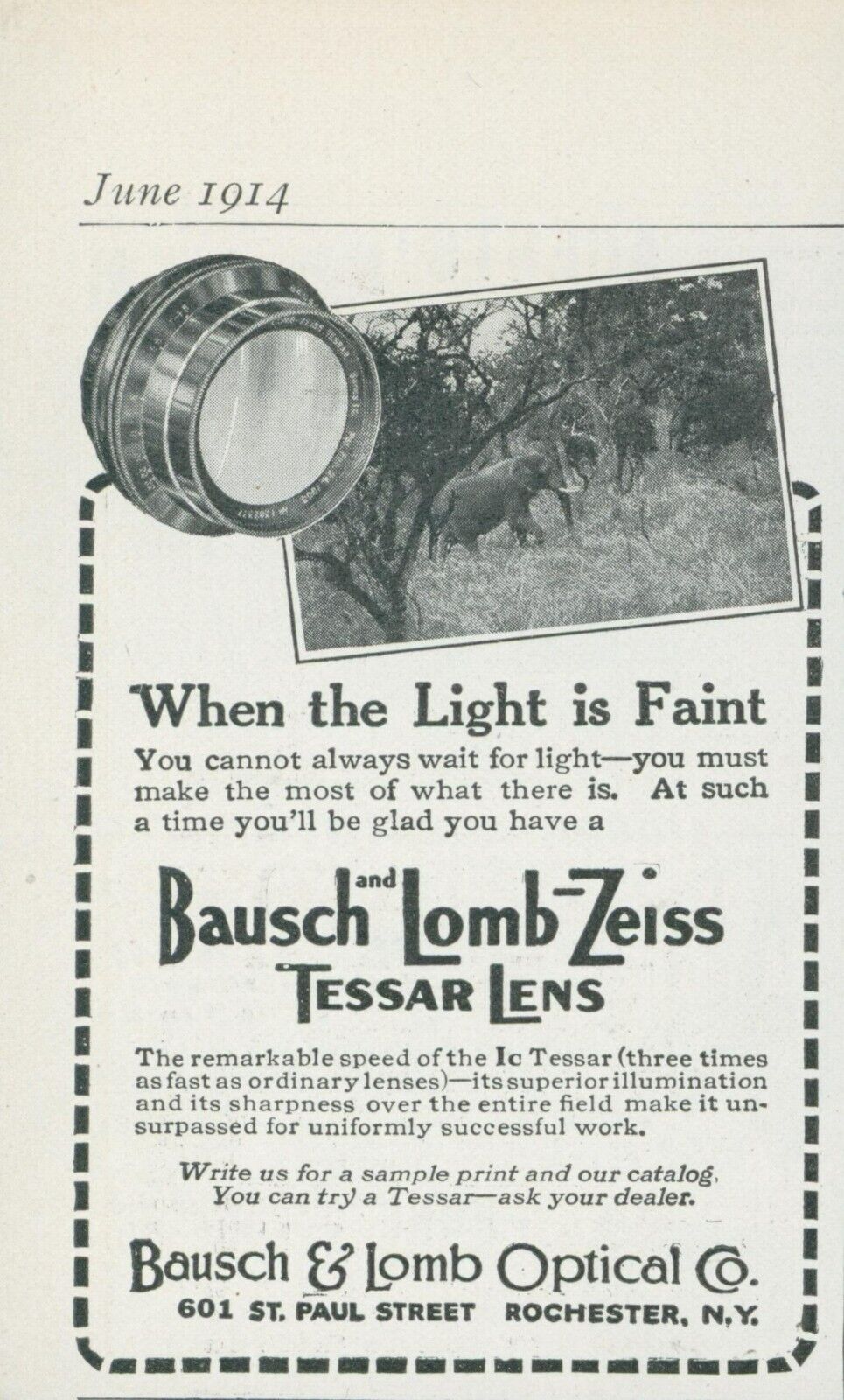 1914 Bausch Lomb Zeiss Tessar Lens When Light Is Faint Elephant Vtg Print Ad CO6