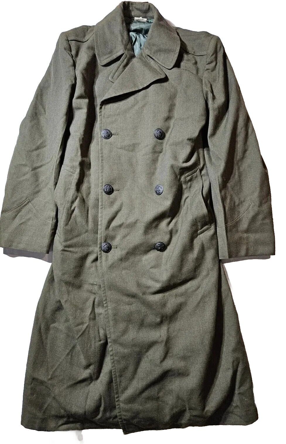 1960's Vintage Military Man's Wool Overcoat Serge Green 36 Long Dsa-100-3652