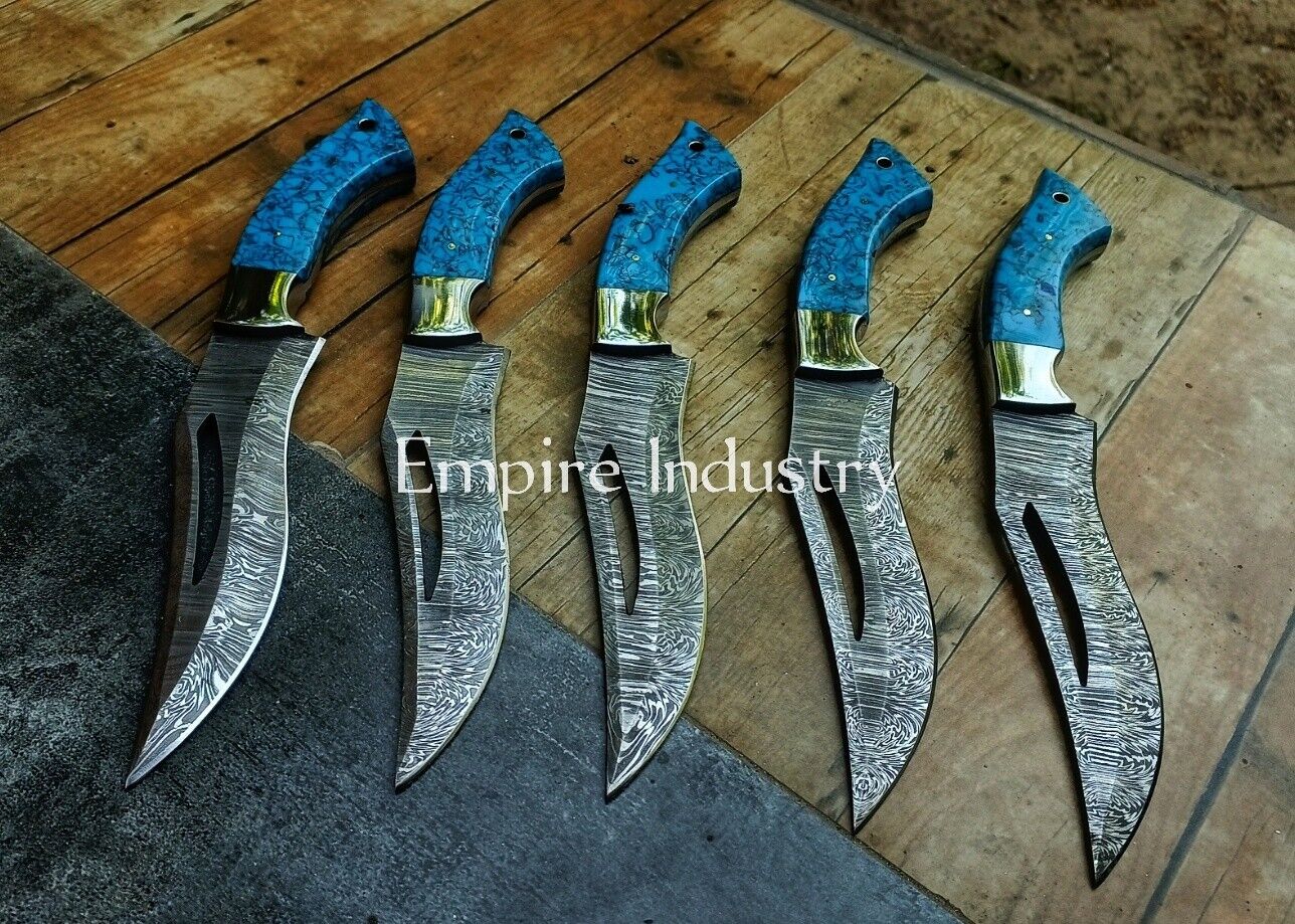 Set Of 5 Handmade Damascus Steel Full Tang Hunting Knife With Sheath FIXED BLADE