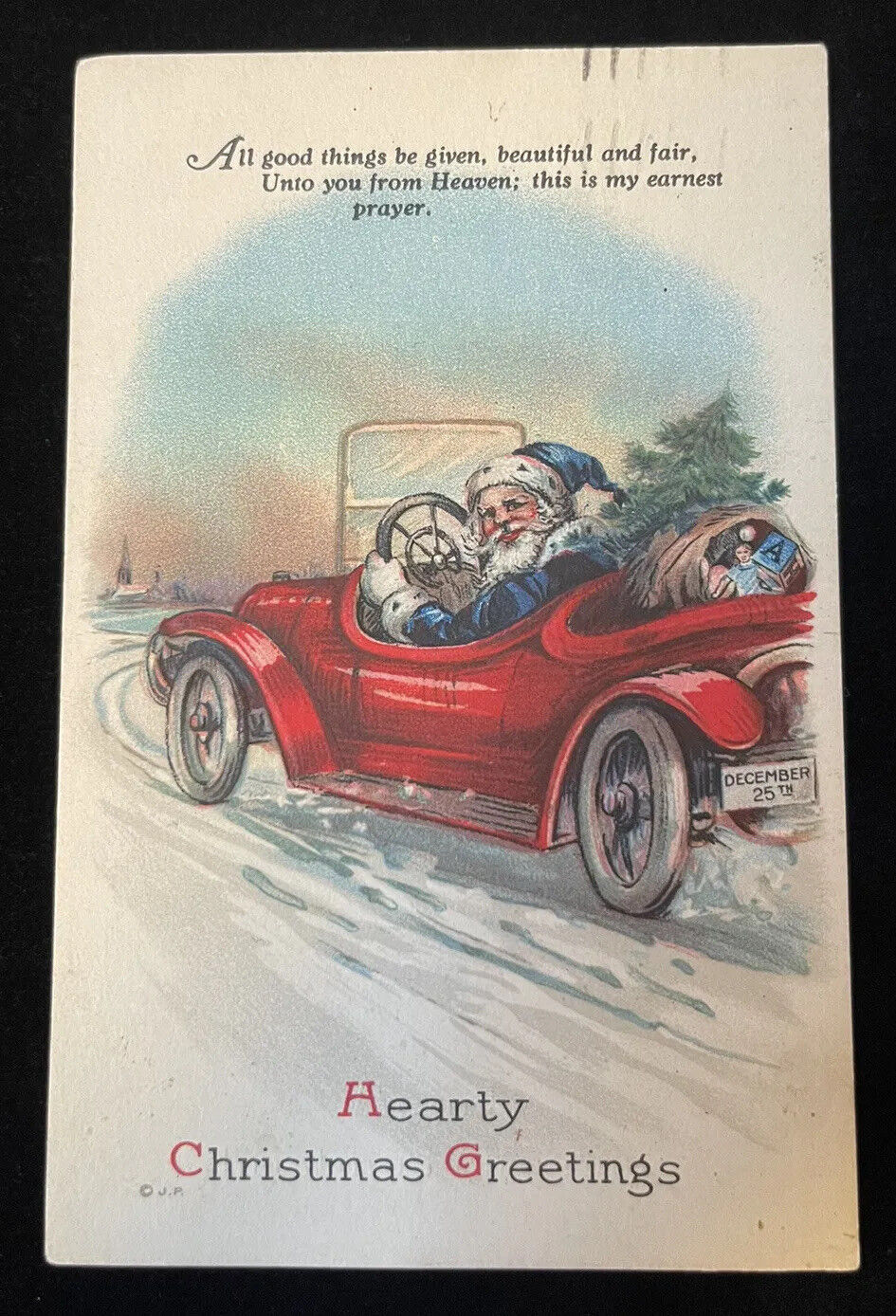 POSTCARD SANTA RED COUPE CAR HEARTY CHRISTMAS GREETINGS 1926 STAMP￼ SEAL DEC 25