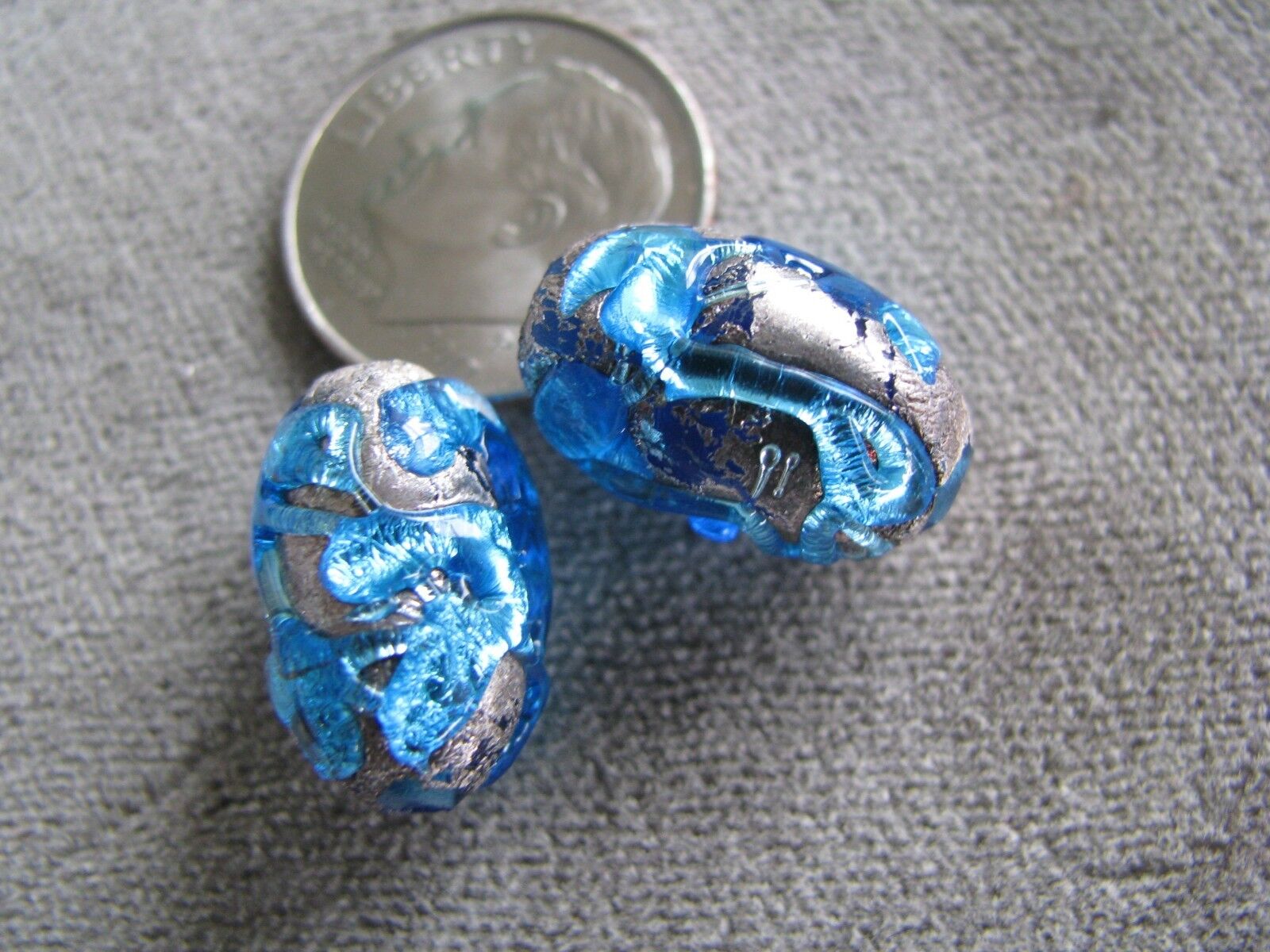 Pr Rare Vintage Lava Foil Art Glass Beads, Turquoise Pewter 15x9.5mm