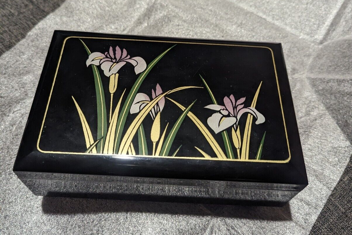 Vintage Asahi Musical Japanese Lacquered Floral Black & Red Jewelry Box