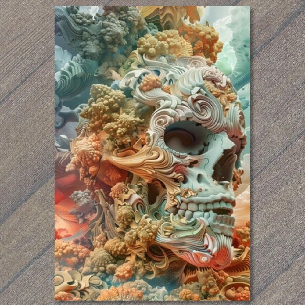 POSTCARD Skull Surrealism Creepy Crazy Bright Colors Weird Strange Wild Unusual