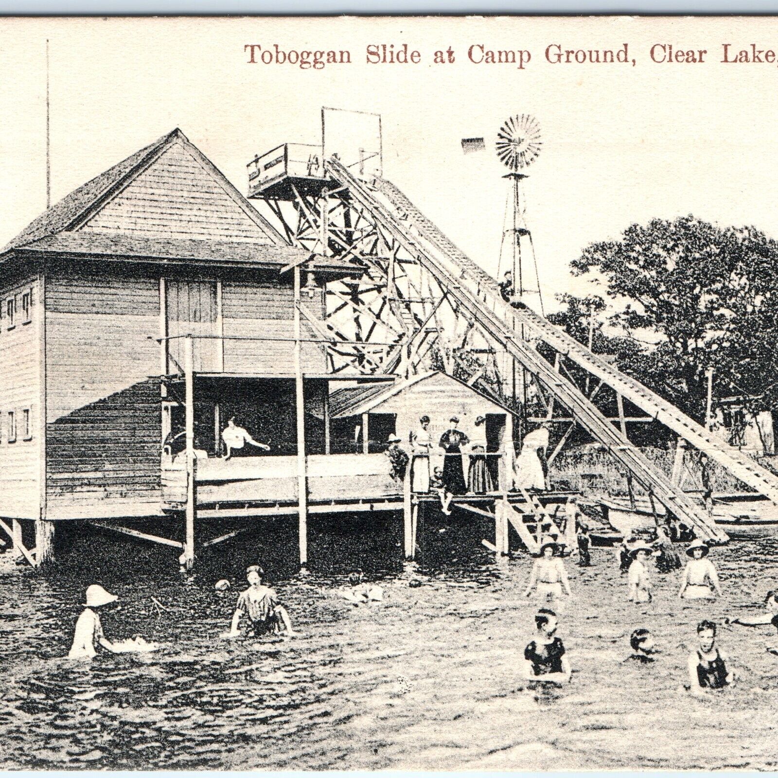 RARE c1910s Clear Lake, IA Toboggan Slide Campground Swim Bath House Pool A186