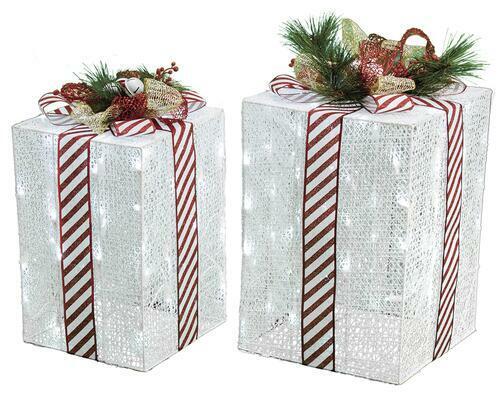 2 Piece Set Prelit LED Twinkling White Gift Boxes Fun Christmas Home Yard Decor 
