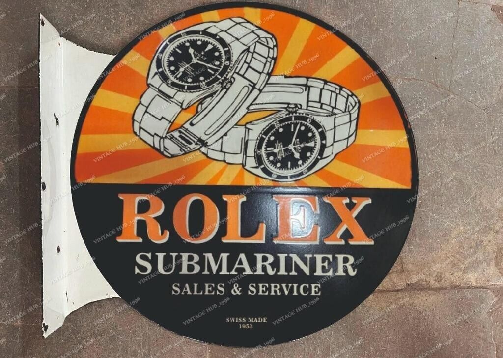 PORCELIAN ROLEX SUBMARINER ENAMEL SIGN SIZE 18X20.5 INCHES 2 SIDED WITH FLANGE