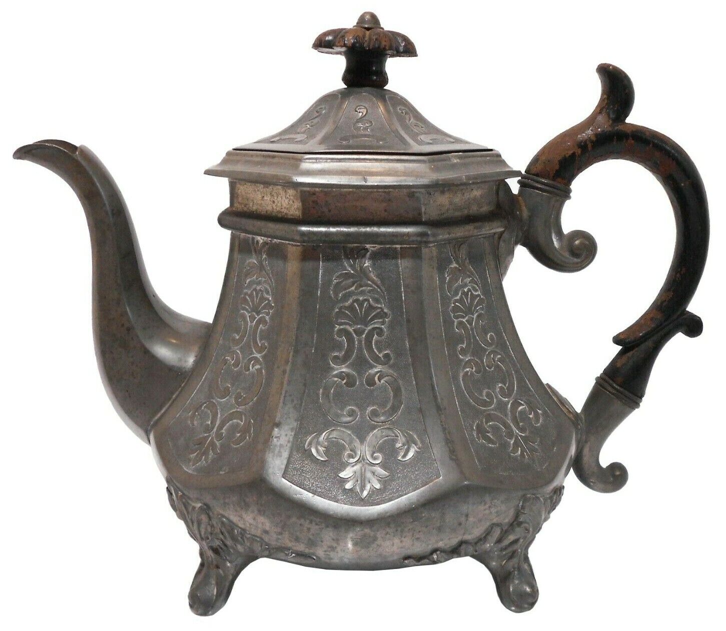 EARLY-MID 19TH C JAMES DIXON & SONS PEWTER TEAPOT W/PAINTED WOOD HANDLE/LID PULL