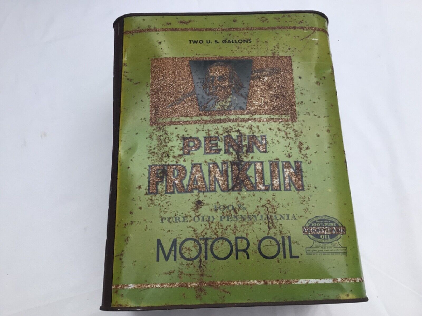 RARE Vintage 1932 PENN FRANKLIN MOTOR OIL Two Gallon CAN 100% Pure Pennsylvania