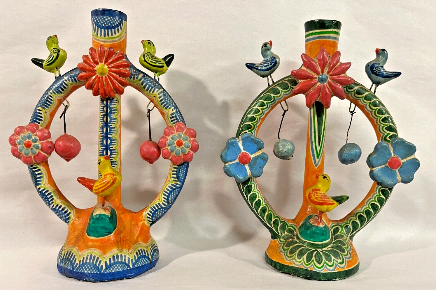 Vintage Pair of Puebla Indian Painted Pottery Candelabras, Mexico, ca 1930-1960s