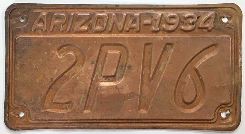 Arizona 1934 Copper License Plate 2PV6 Maricopa County MDV Clear Number
