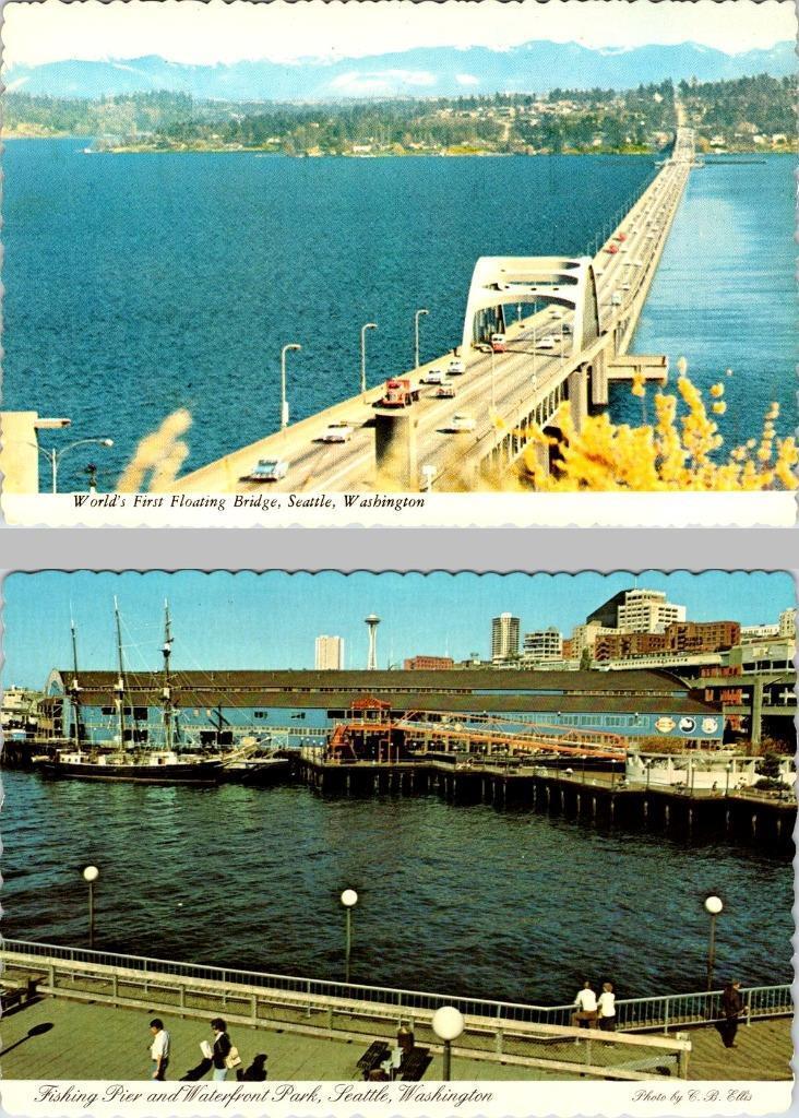 2~4X6 Postcards Seattle Washington  FLOATING BRIDGE~FISHING PIER~WATERFRONT PARK