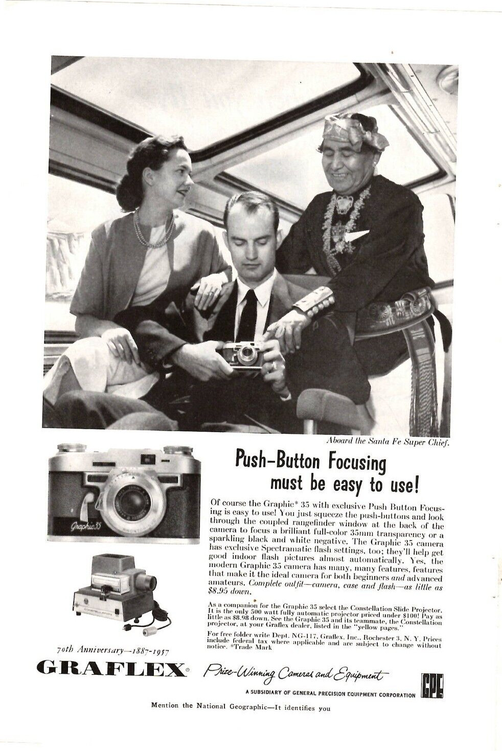 1957 Print Ad Graflex Graphic 35 Camera Aboard the Santa Fe Super Chief Railroad