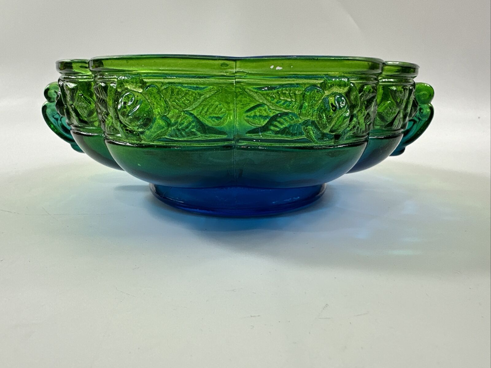 Vintage MCM 1960’s Jeanette Glass Aztec Rose Blue & Green Ombré 2 Handled Bowl