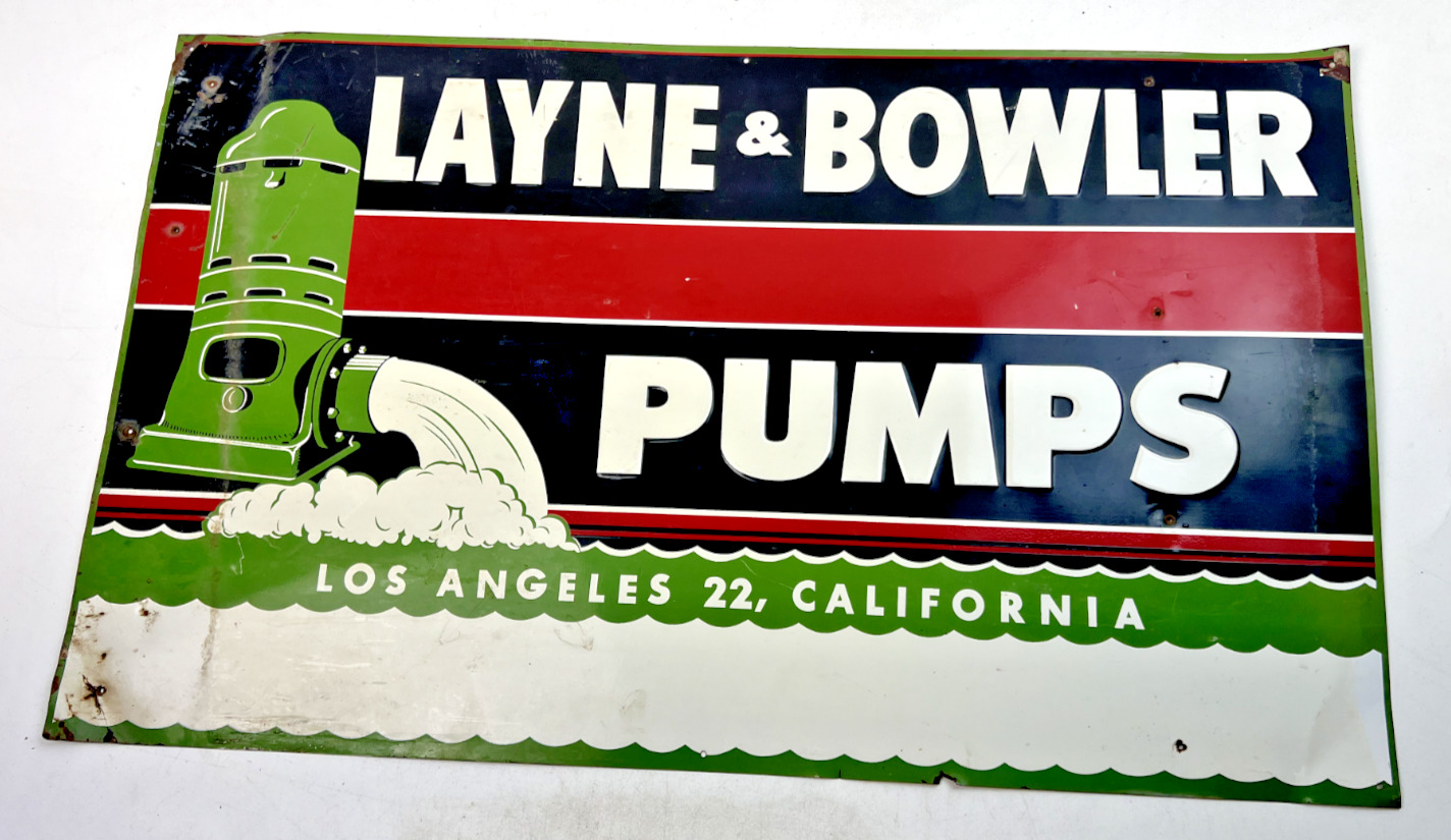 Vintage Layne & Bowler Farm Pumps Irrigation Water Sign - Los Angeles 22, CA