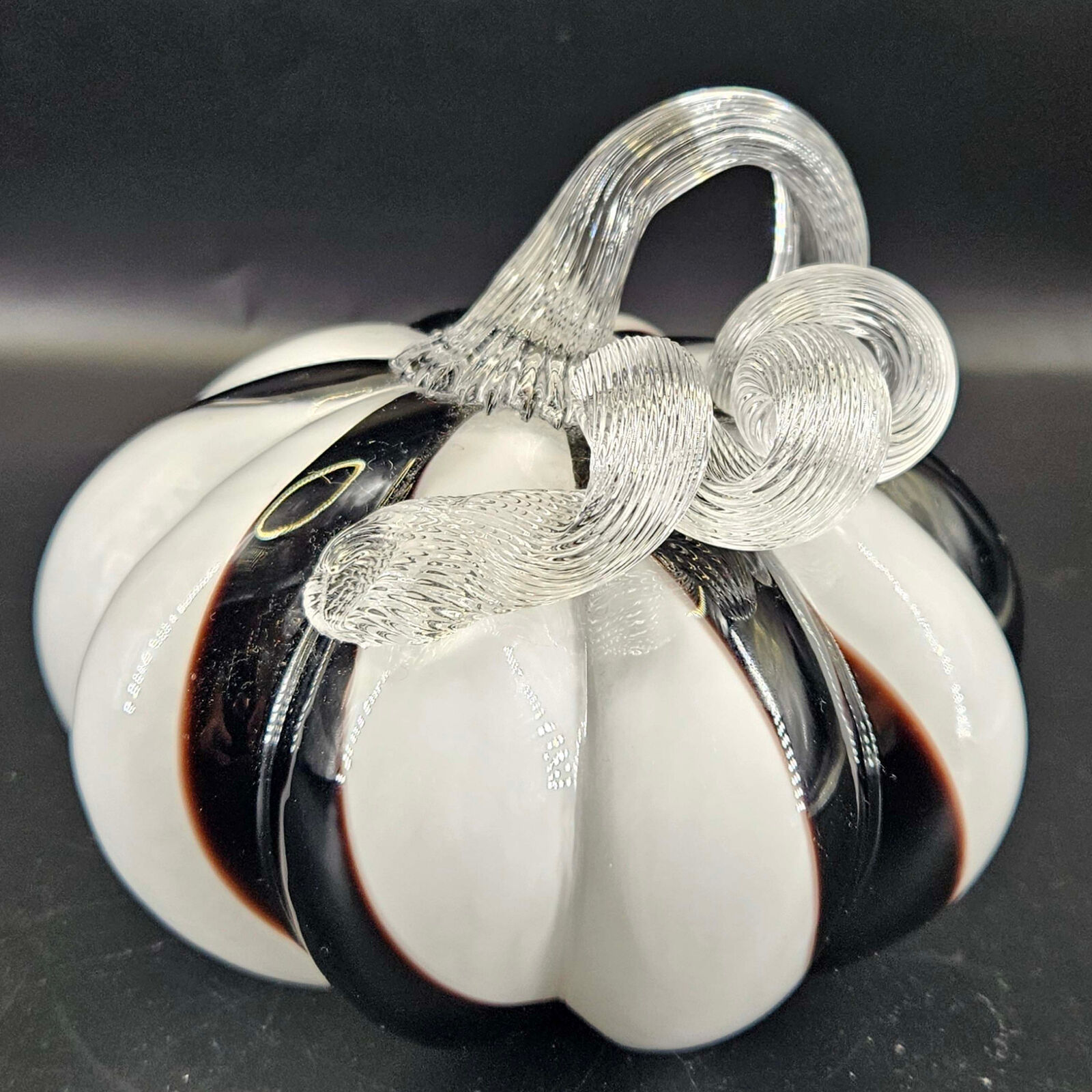 Art Glass Black white Pumpkin Gourd w Clear Coiled Stem