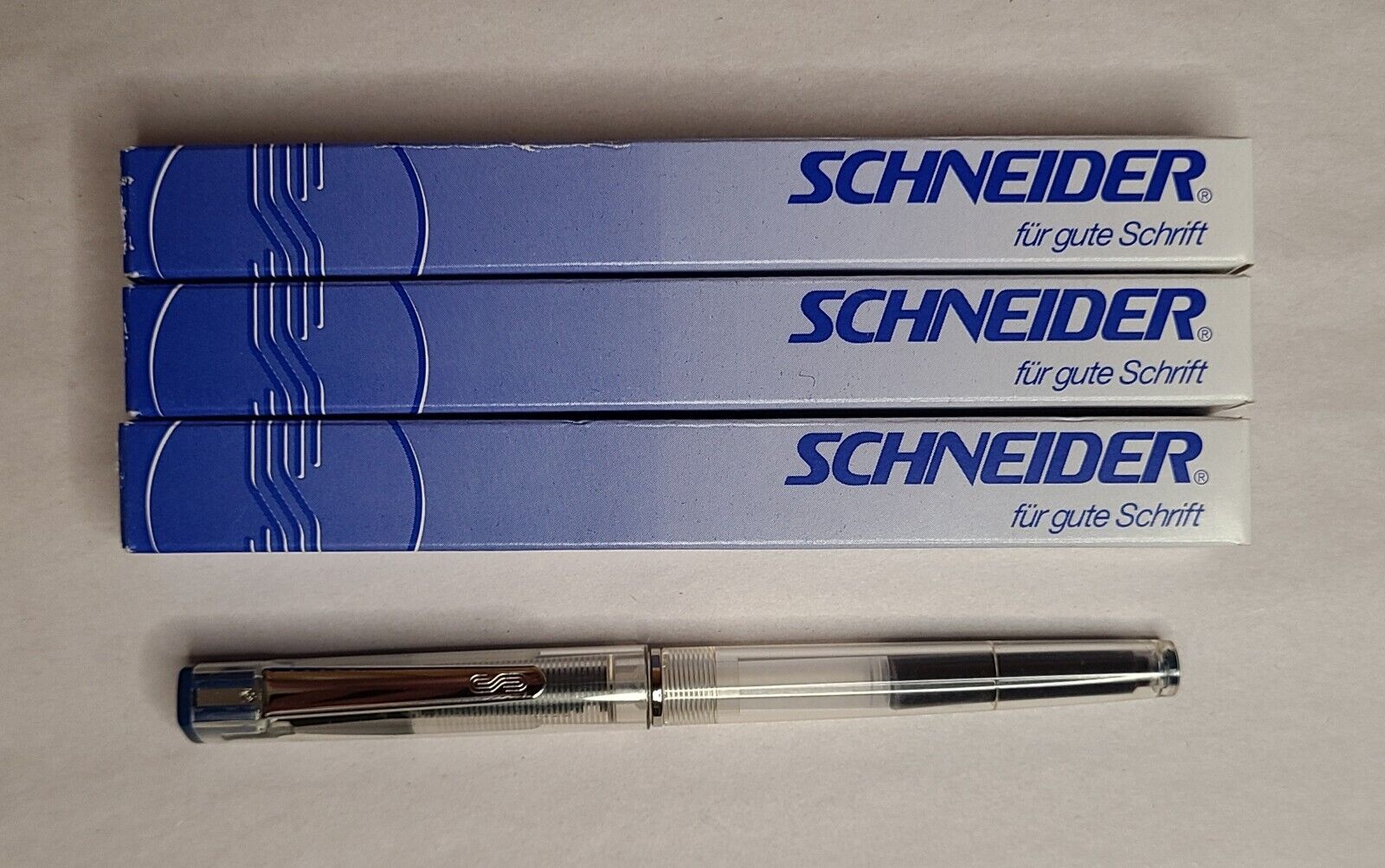 4x New Schneider F2 Fountain Pen 6826 Fine Transparent with Blue Ink Cartridge 